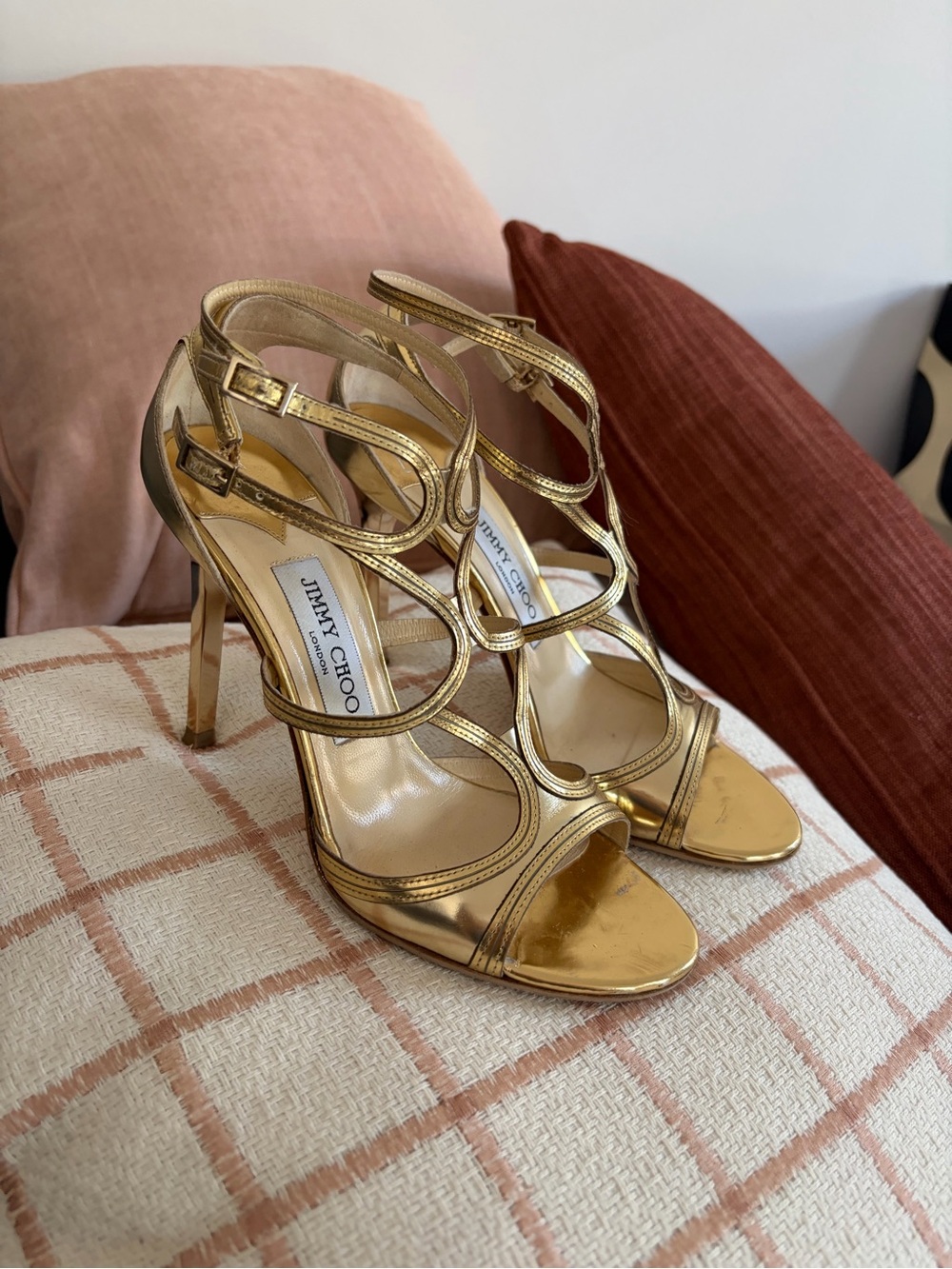 Jimmy Choo Metallic Gold patent leather Strappy Stiletto Sandals Heels